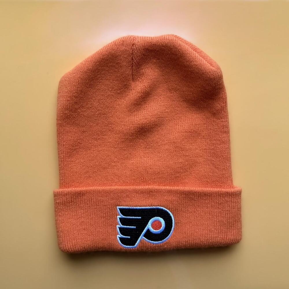 Vintage 90s Philadelphia Flyers Beanie | NHL Licensed Knit Hat | Bright Orange